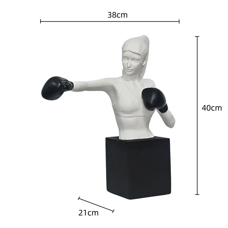White resin boxer resin statue in mid-punch pose with black gloves on black base for living room decorbites decor