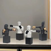Abstract black and white boxer resin statue with gold and black gloves on square base for living room decorbites boxer resin