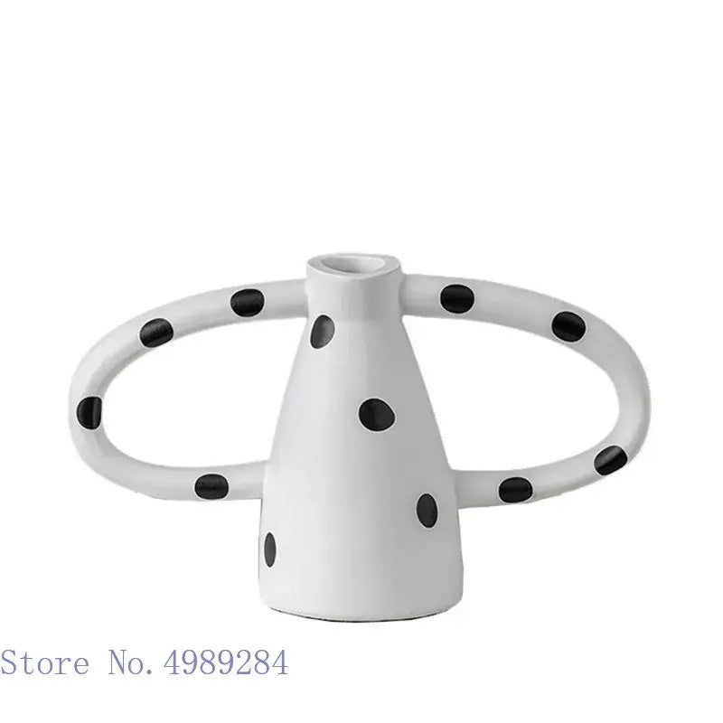 White ceramic decorbites ceramic vase with black white spots and two curved handles for living room decor