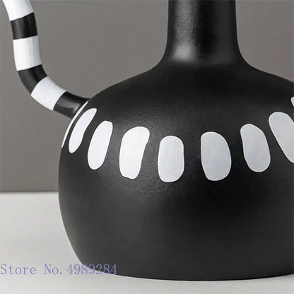 Black ceramic decorbites ceramic vase with striped handle and white spots oval decals for living room decor
