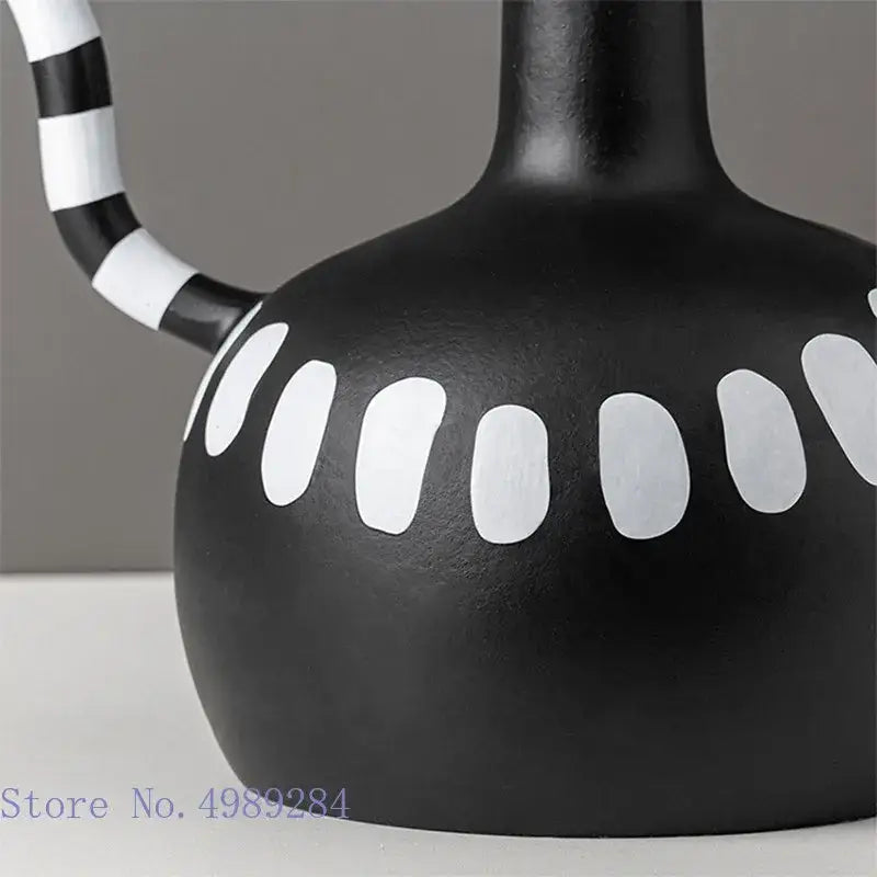 Black ceramic decorbites ceramic vase with striped handle and white spots oval decals for living room decor