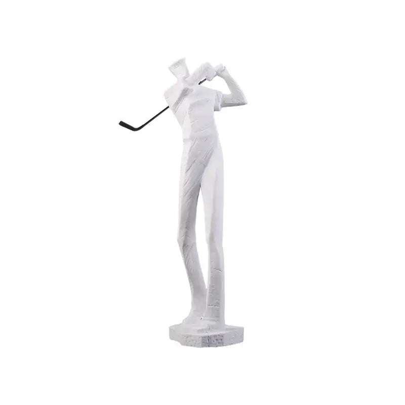 White resin golf player sculpture with black club on matching base for decorbites golf player living room decor