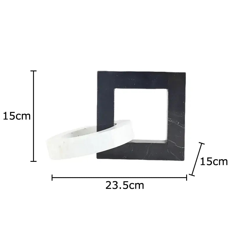 Black and white marble abstract square ring statue featuring a geometric knot design for living room decor