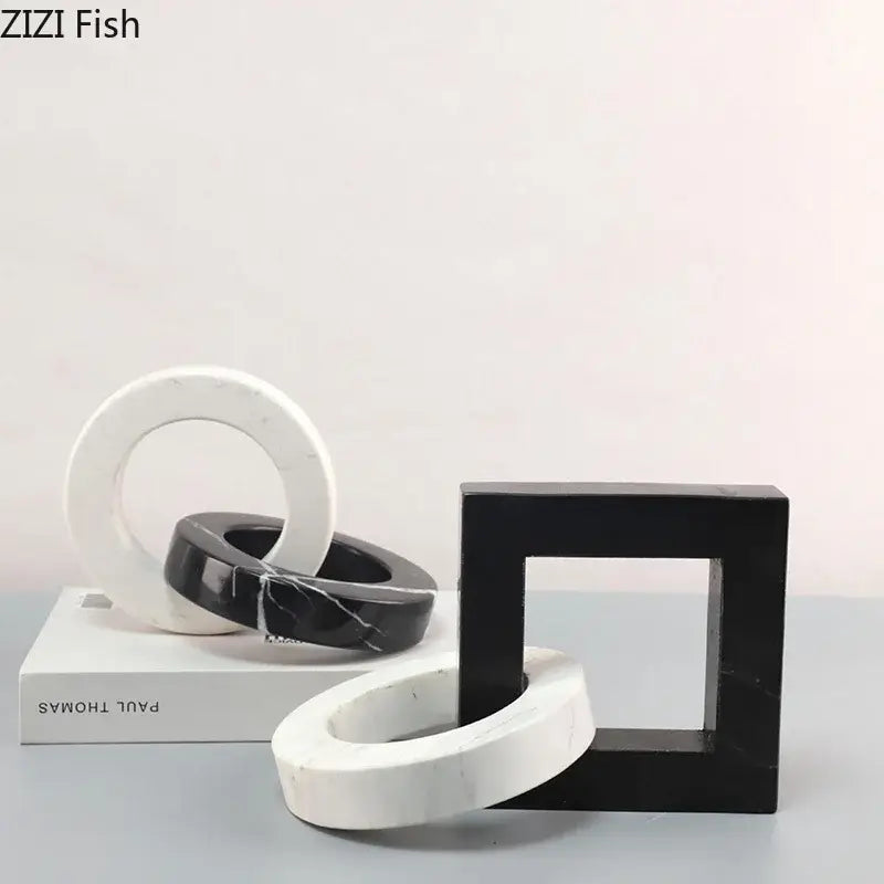 Abstract black and white marble geometric knot square ring statue for living room decor with elegant abstract square ring design