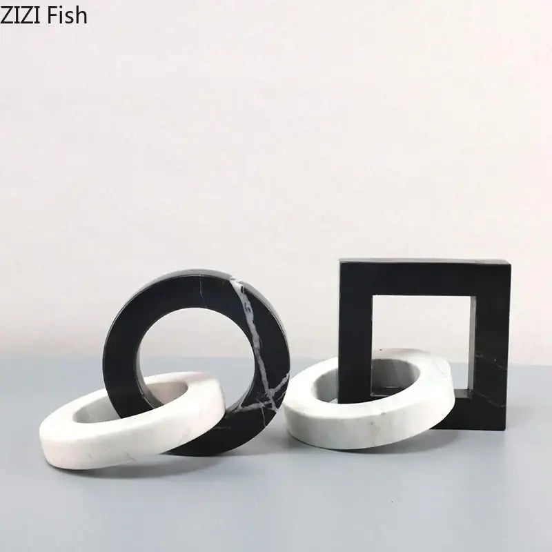 Abstract black and white marble geometric knot featuring an abstract square ring and square ring statue for living room decor