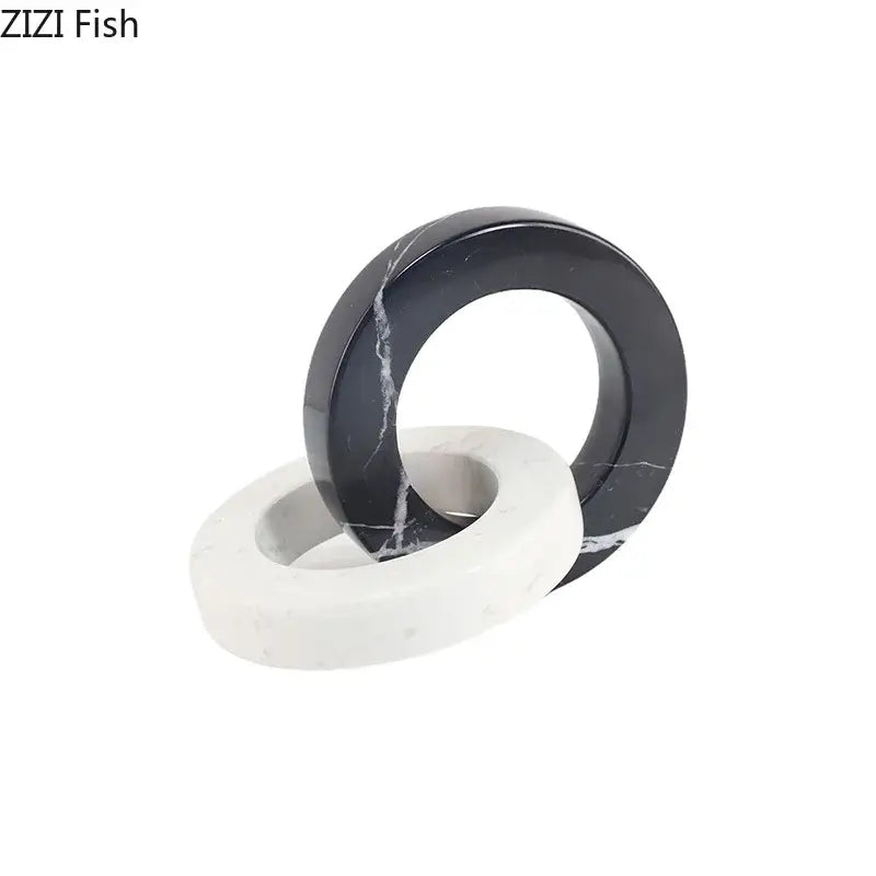 Elegant abstract square ring statue in black and white marble featuring a sleek geometric knot design for living room decor