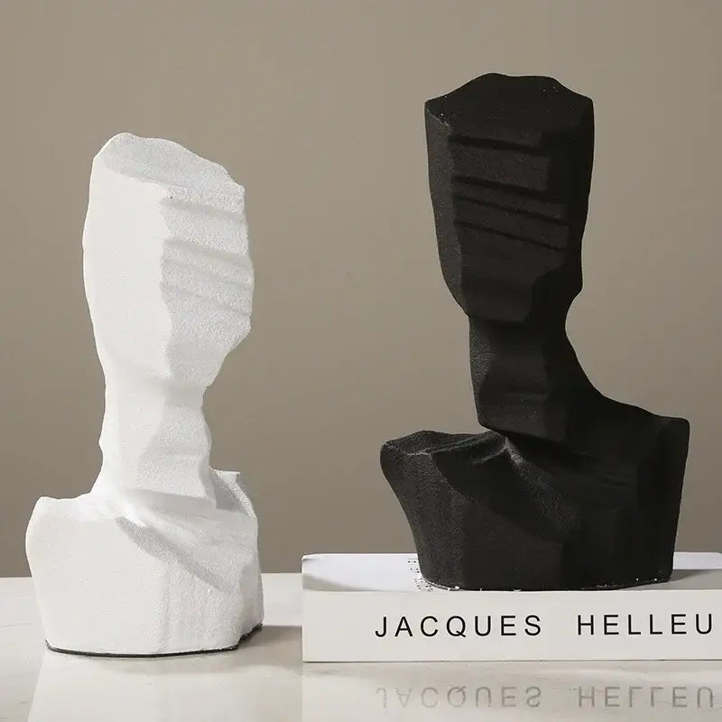 Abstract black and white resin decoration featuring geometric textured bust sculptures for living room decor