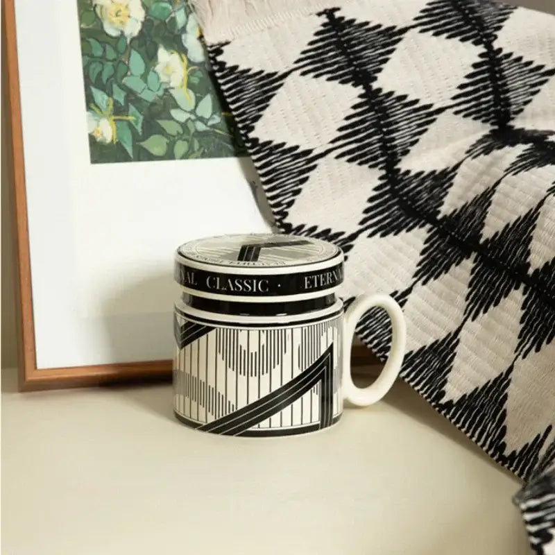 Black and white geometric patterned ceramic espresso cup with matching lid and eternal classic text on rim for personalized french coffee gift