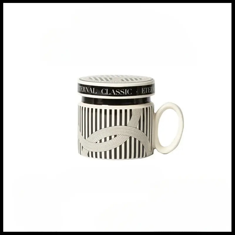 Black and white striped ceramic espresso cup with matching lid and eternal classic text perfect for personalized french coffee gifts