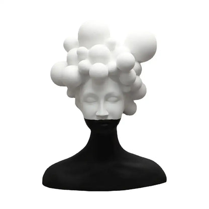 Abstract black and white woman figurine resin sculpture featuring serene face and bubble-like hairstyle for decorbites abstract woman decor
