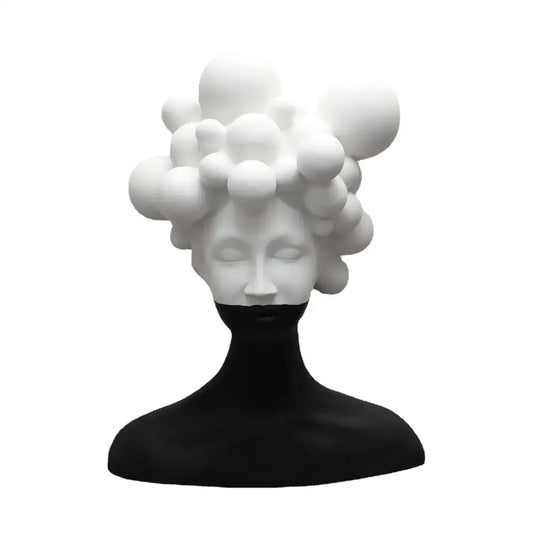 Abstract black and white woman figurine resin sculpture featuring serene face and bubble-like hairstyle for decorbites abstract woman decor