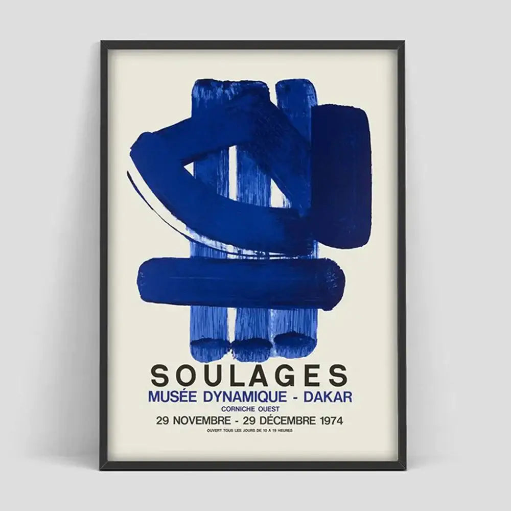 A decorbites canvas painting featuring bold blue brushstroke abstract art and text from soulanges exhibition at musée dynamique dakar