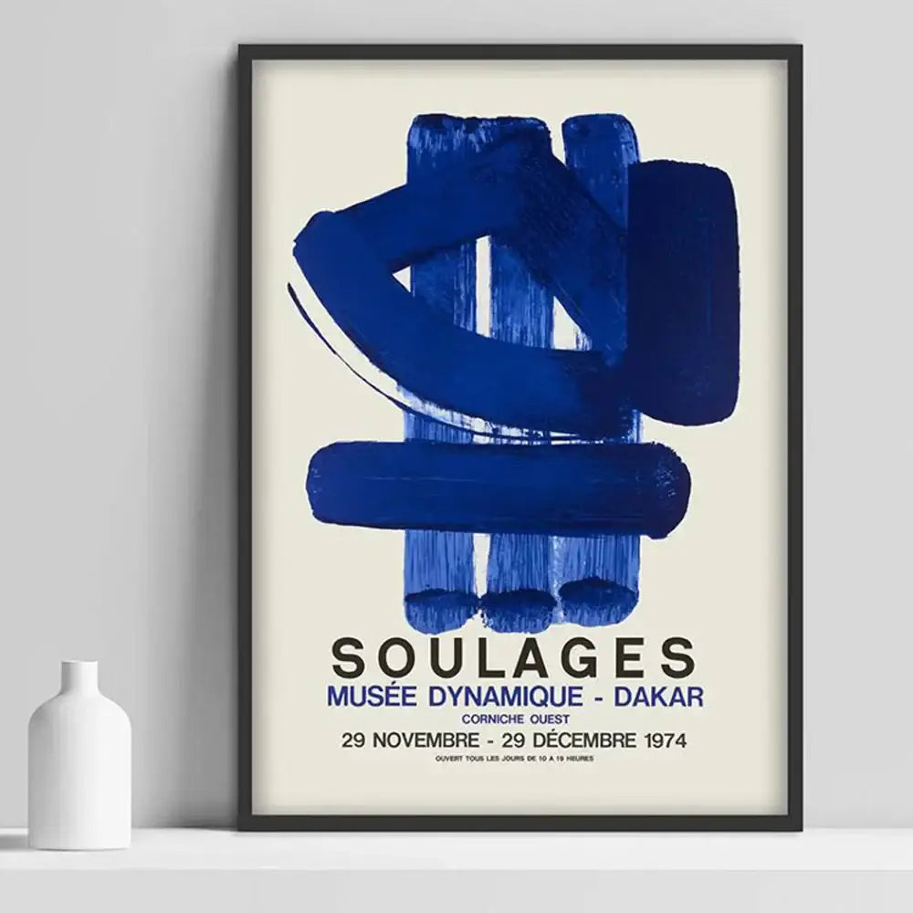 A framed decorbites canvas painting with bold blue brushstroke art and black text announcing soulanges exhibition
