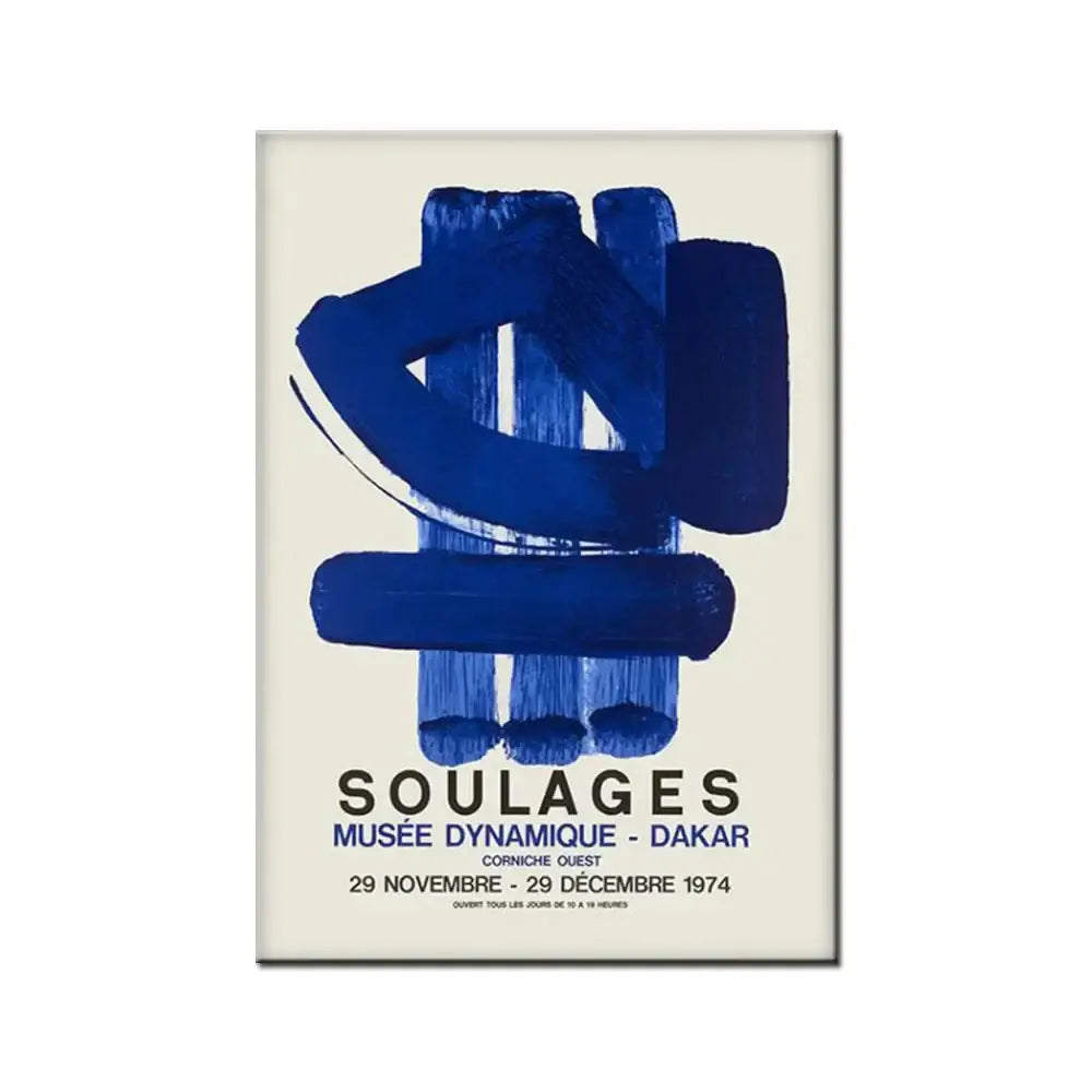 Rectangular decorbites canvas painting with bold blue abstract brushstrokes and text for soulages exhibition in dakar
