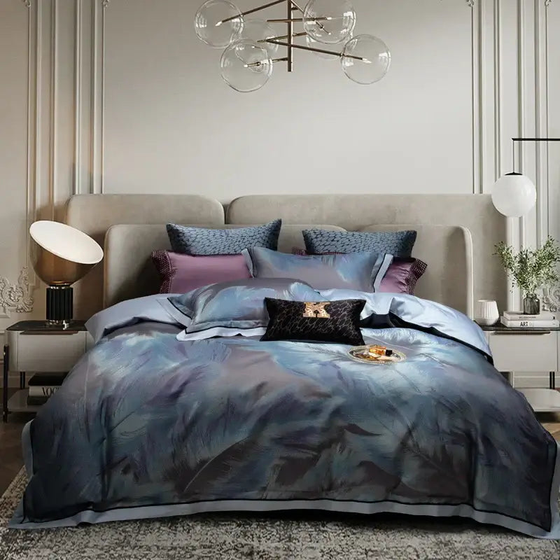 The abstract blue and gray duvet cover features a luxurious jacquard egyptian cotton design in a 1500tc bedding set