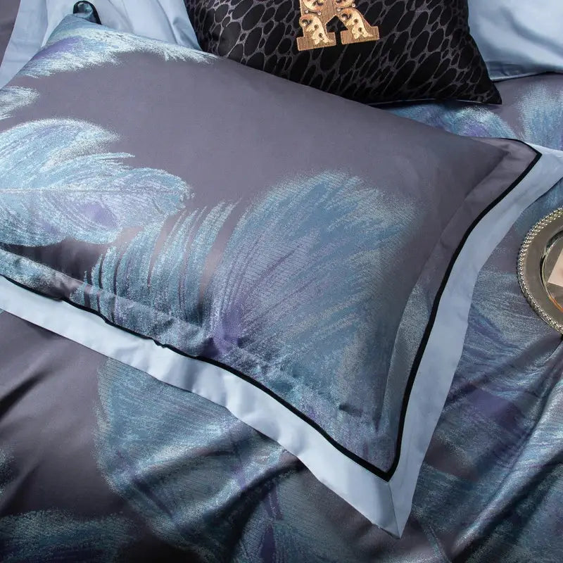 Luxurious gray satin pillowcase with blue and purple feather jacquard egyptian cotton pattern and black piped border