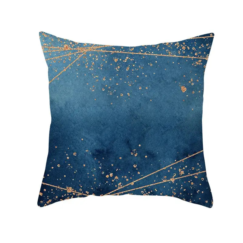 Deep blue cushion cover with celestial gold edge design and blue ink pattern for living room decor