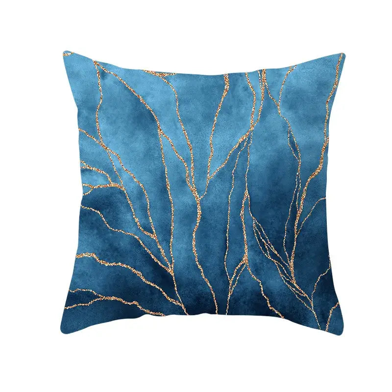 Blue ink cushion cover with gold edge leaf-like patterns for living room decor