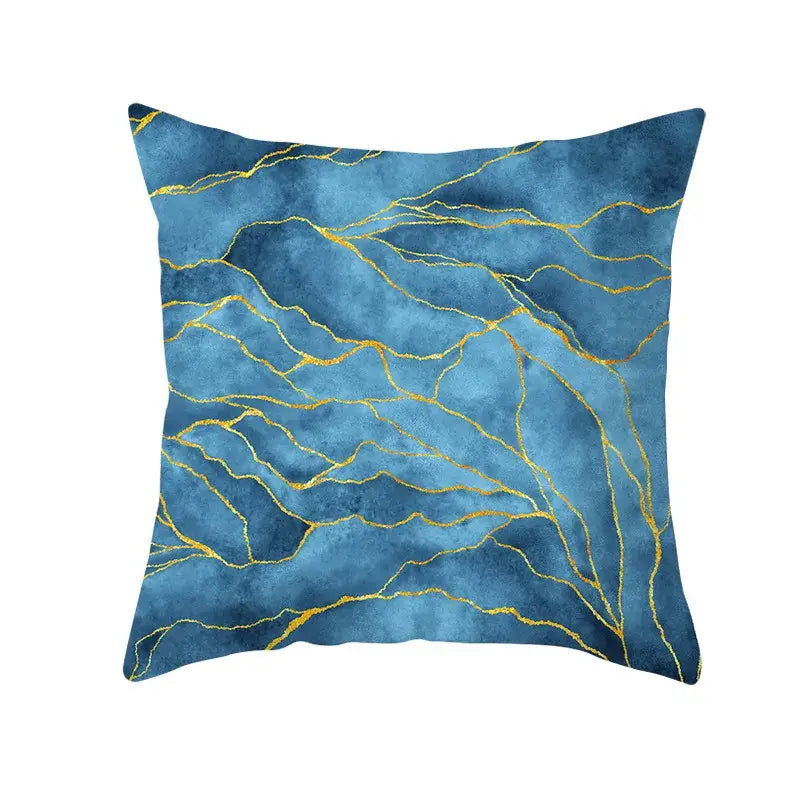 Blue cushion cover with gold edge and blue ink marble veining pattern for living room decor