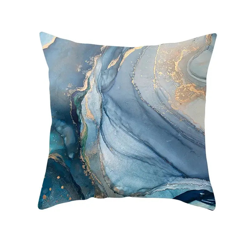 Abstract blue ink and gold edge cushion cover with marbled design for living room throw pillow decor