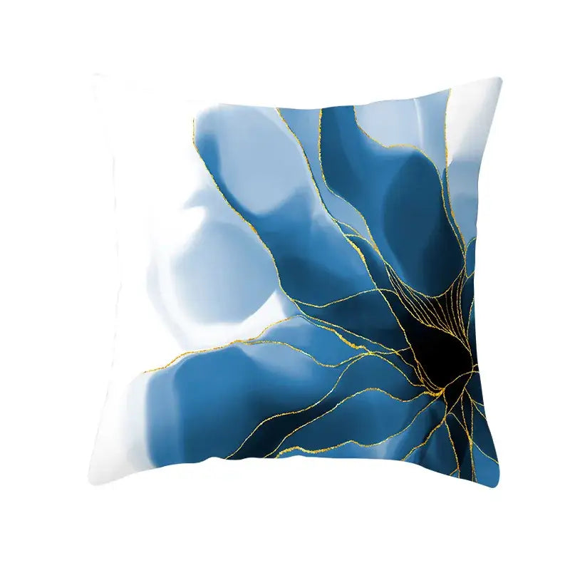 Square throw pillow with abstract blue ink floral design and gold edge accents cushion cover for living room use