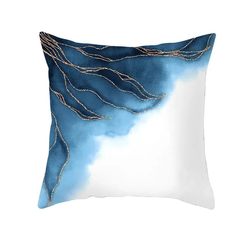 Square cushion cover with blue ink gradient and gold edge lines for living room decor