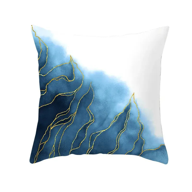 Square throw pillow with gradient blue ink watercolor design and delicate gold edge cushion cover for living room