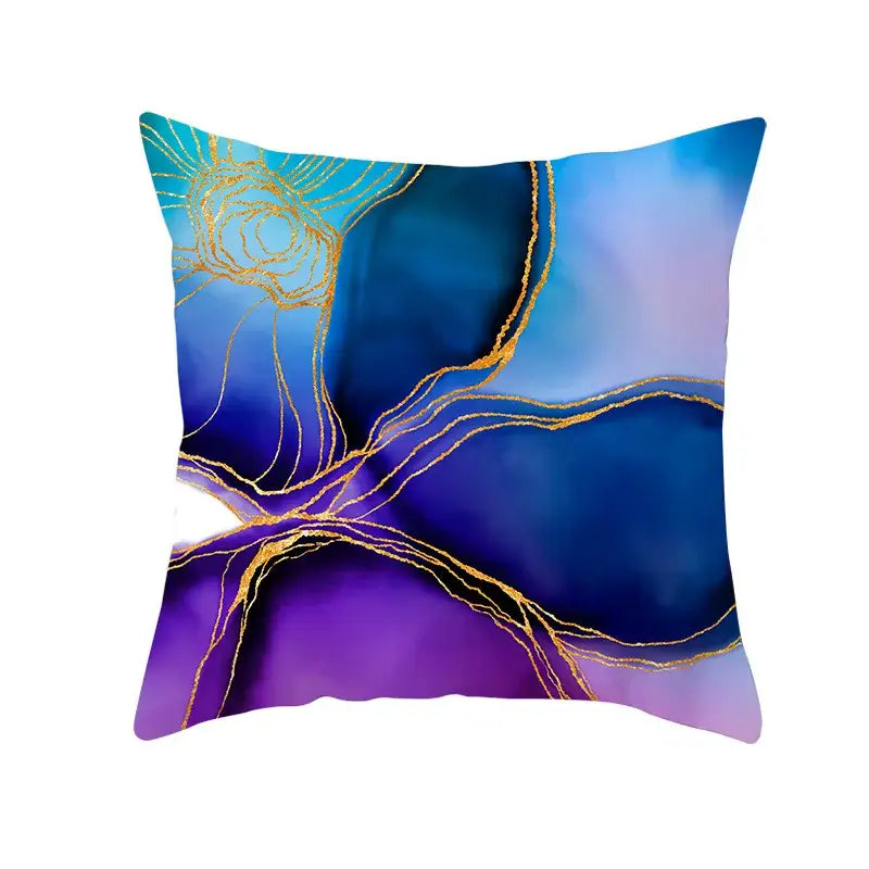 Square cushion cover with abstract blue ink gradients and gold edge design for stylish living room decor