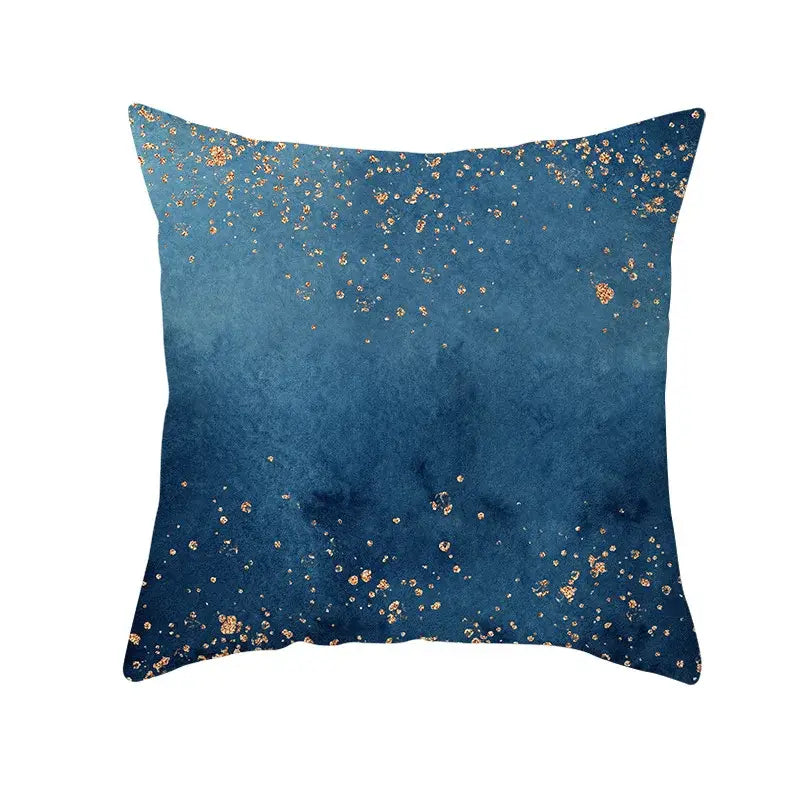 Square cushion cover featuring blue ink gradient background with gold edge foil speckles for living room decor