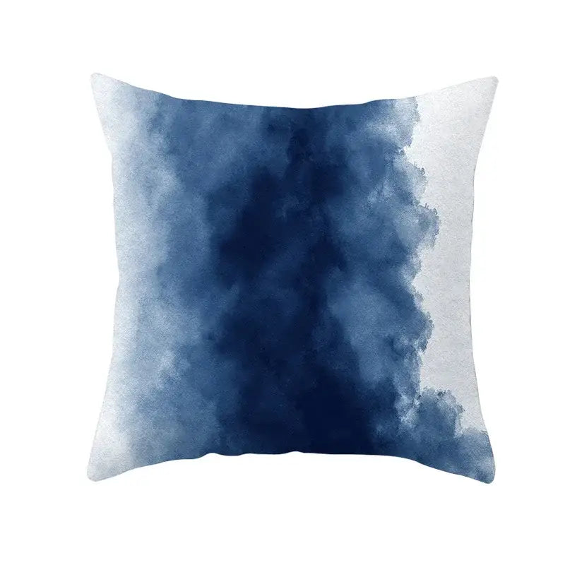 Square cushion cover with blue ink watercolor gradient and gold edge detail for living room decor