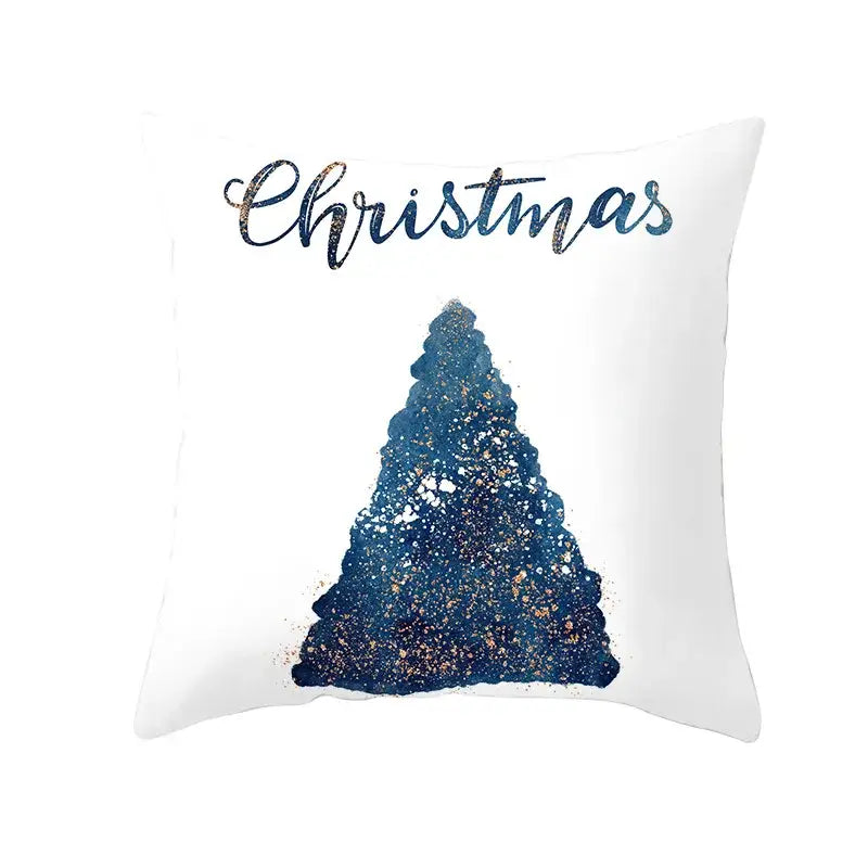White cushion cover with blue ink glittery Christmas tree and gold edge detailing for living room decor