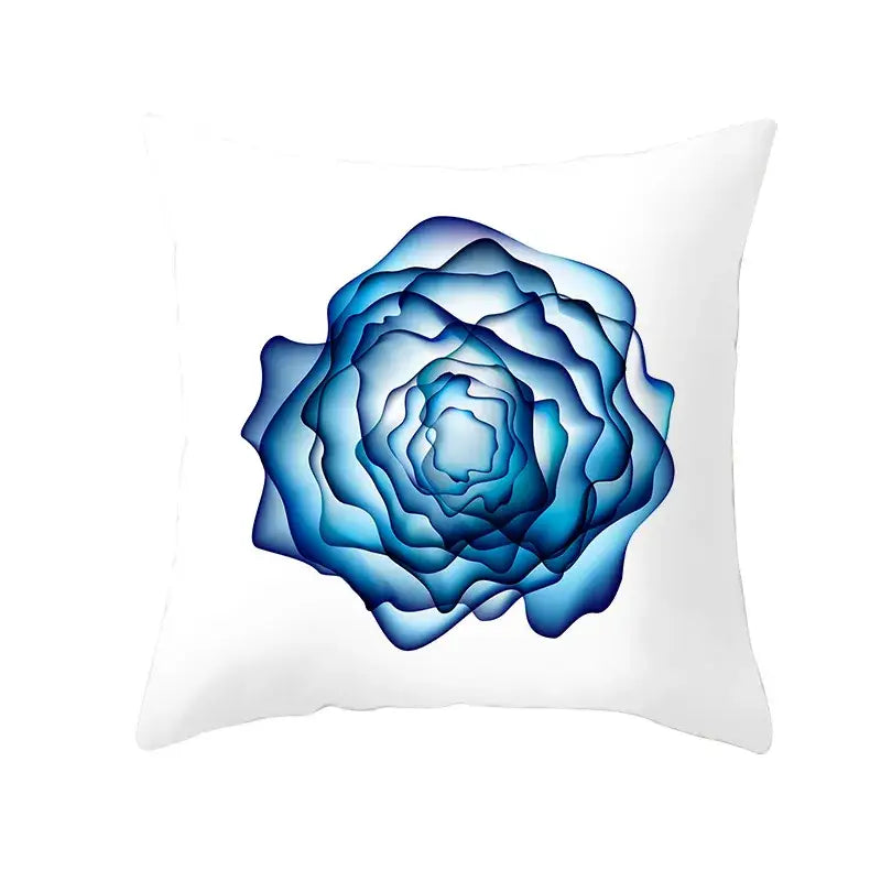 White throw pillow with multi-layered blue ink rose design and gold edge cushion cover for living room decor