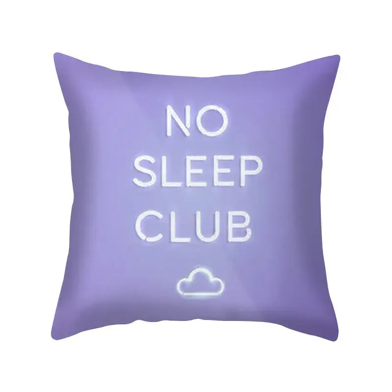 Purple square pillow case with no sleep club neon lettering and cloud icon in decorbites blue purple polyester fabric