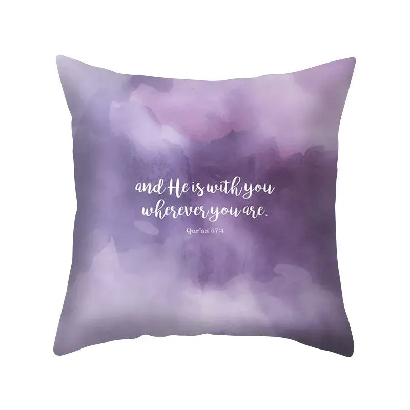 Abstract blue purple polyester pillow case featuring purple watercolor pattern with white cursive text and quran 57 4 decorbites blue purple decor