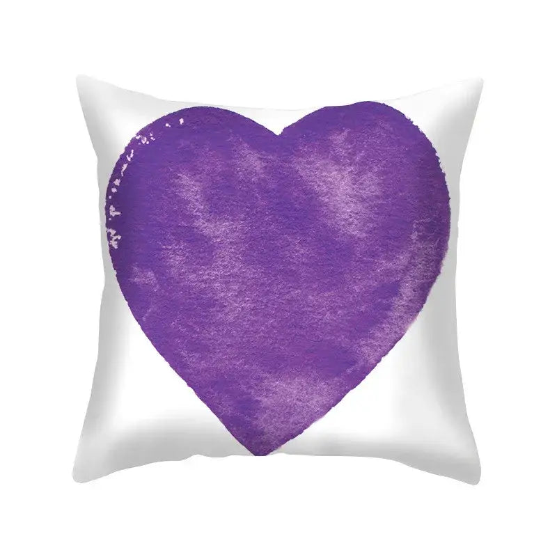 White throw pillow case with a prominent purple watercolor heart design made of blue purple polyester decorbites material