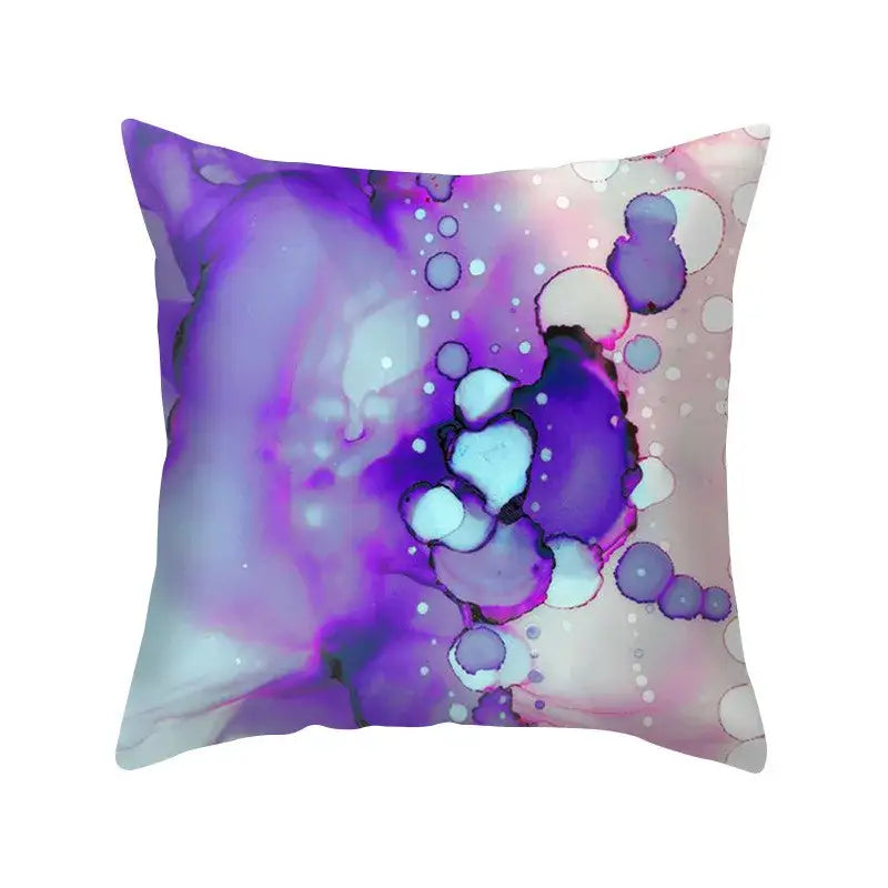 Abstract blue purple polyester pillow case featuring purple and pink paint splash with floating bubble shapes decorbites blue purple