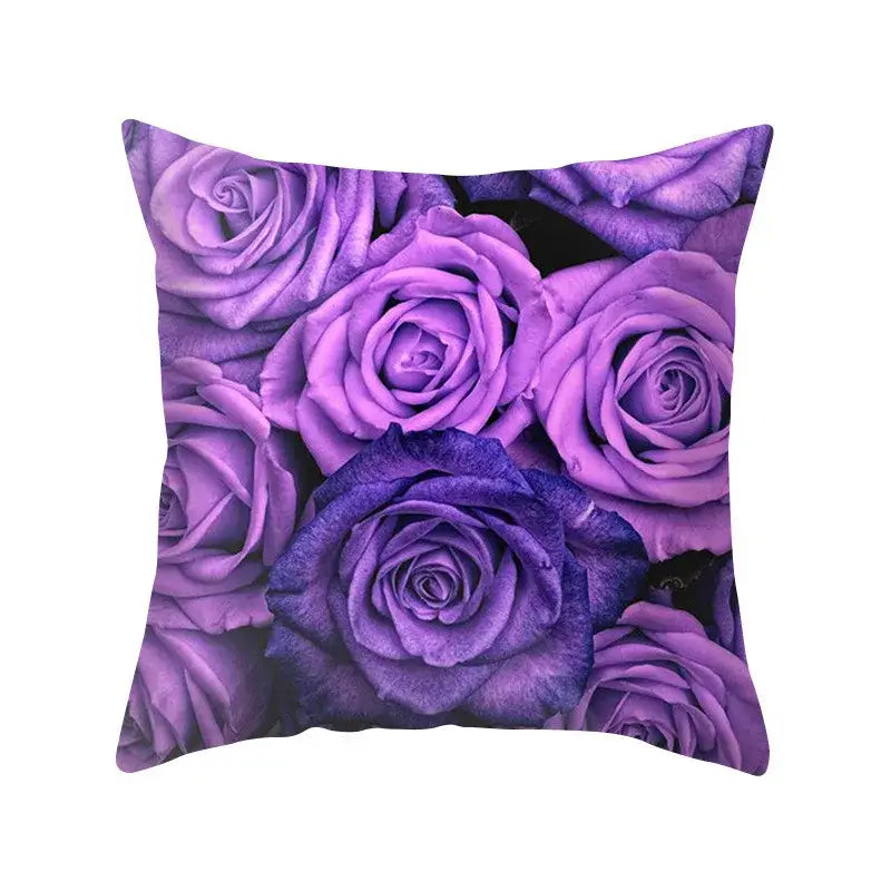 Purple rose-patterned pillow case with soft fabric surface blue purple polyester decorbites bedroom throw cover