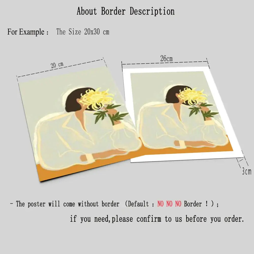 Illustrated wall art poster with abstract girl hand holding yellow flowers in light clothing printed on paper for living room decor