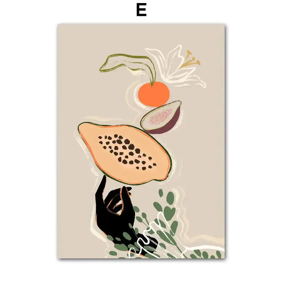 Beige-framed canvas painting wall art with abstract girl hand holding sliced papaya and orange fig for living room decor