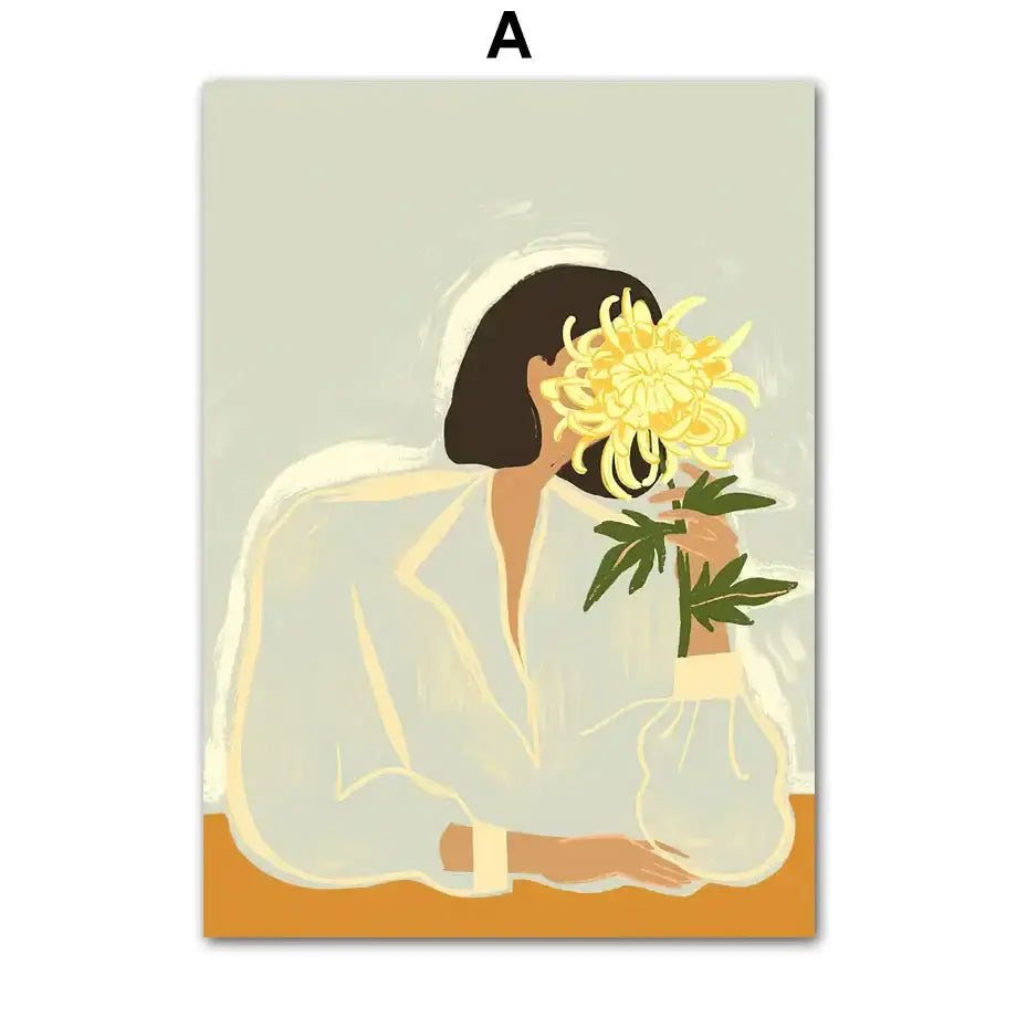 Minimalist wall art canvas painting of a woman in white holding a vibrant yellow chrysanthemum flower for living room decor