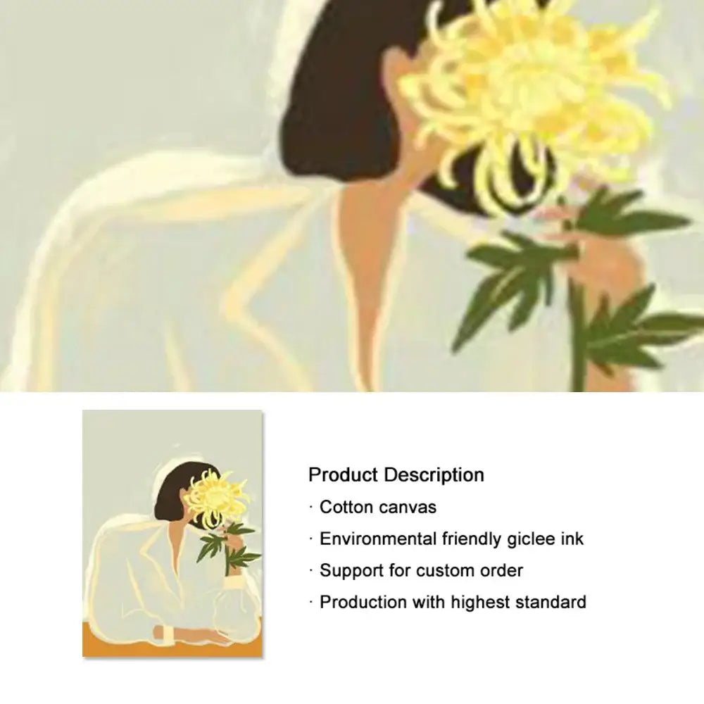 A soft minimalist canvas painting of a woman in white holding a yellow chrysanthemum wall art for living room decor