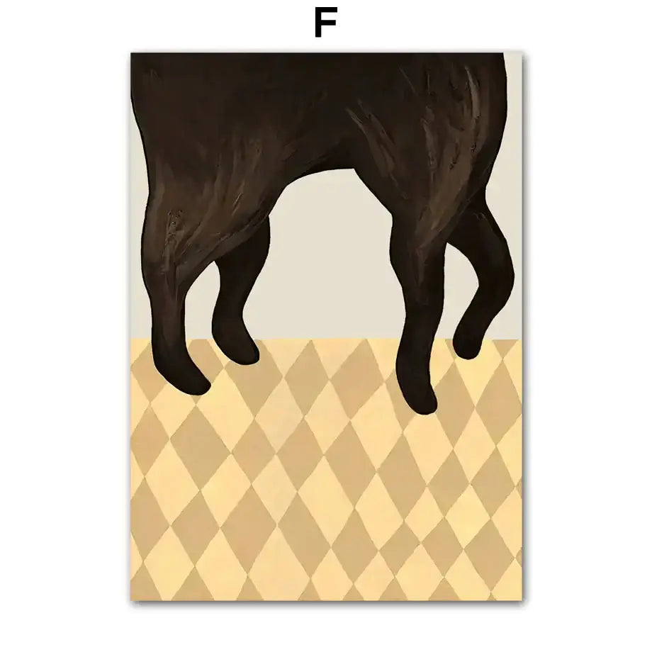 Black dog illustration wall art featuring stylized hindquarters on beige diamond background in abstract girl hand set