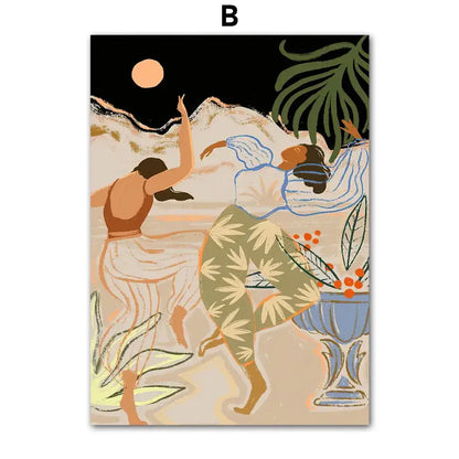Stylized abstract girl hand wall art canvas painting set of 6 with earth tones for living room decor featuring dancing figures