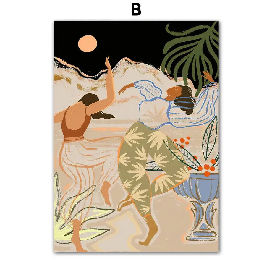 Stylized abstract girl hand wall art canvas painting set of 6 with earth tones for living room decor featuring dancing figures