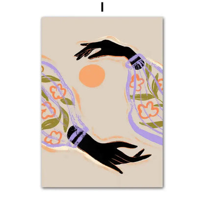 Beige rectangular canvas painting featuring abstract girl hand with purple and orange floral patterns for wall art decor