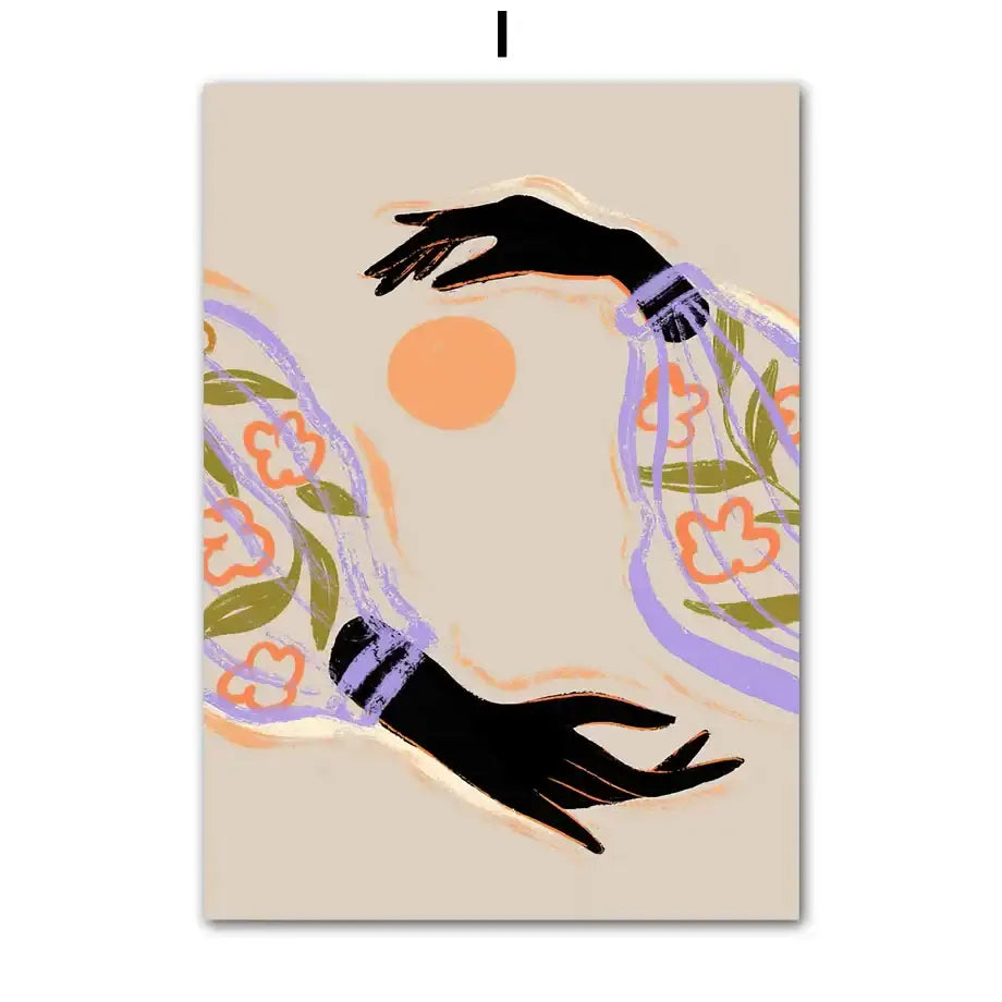 Beige rectangular canvas painting featuring abstract girl hand with purple and orange floral patterns for wall art decor