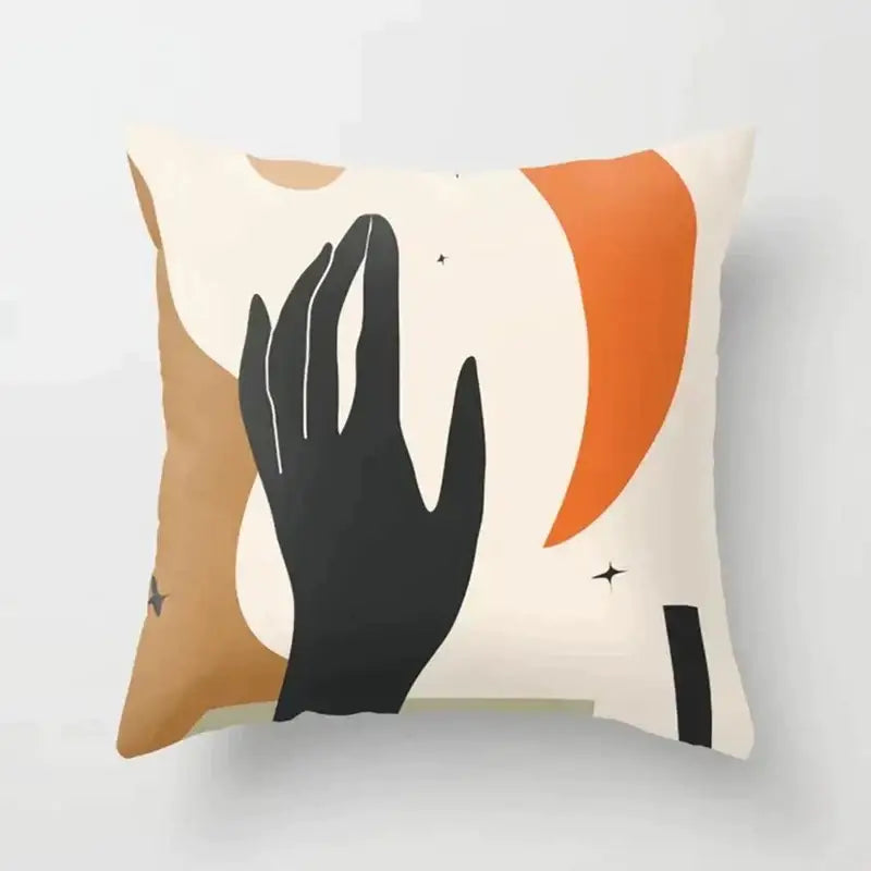 A square decorbites decorative pillowcase with a black hand silhouette and orange geometric shapes on cream background
