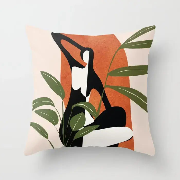 Abstract botanical earthy decorbites decorative pillowcase with minimalist yoga figure and green leaves on beige fabric