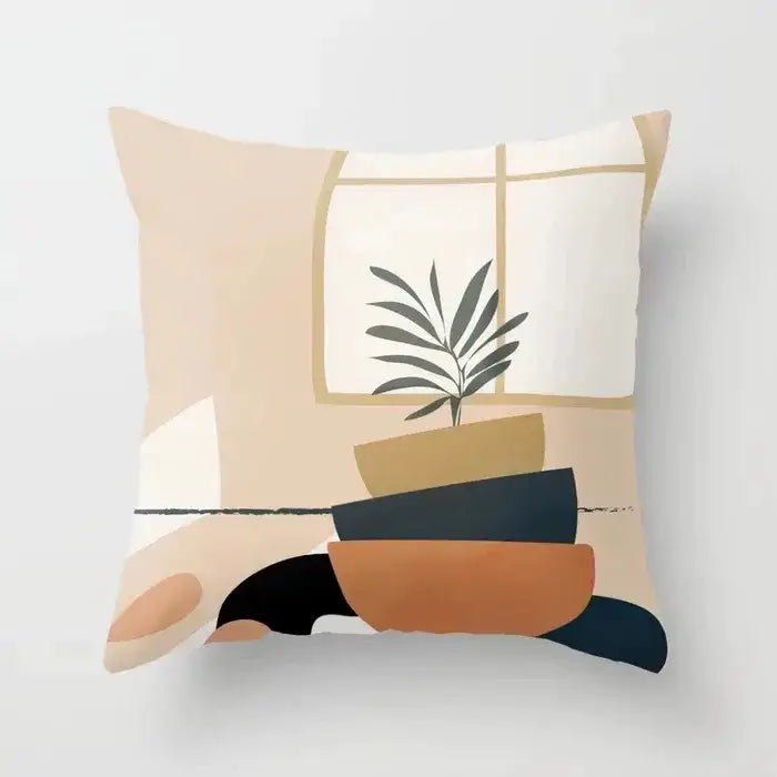 Beige decorbites decorative pillowcase with abstract botanical earthy minimalist stacked plant pots for living room decor