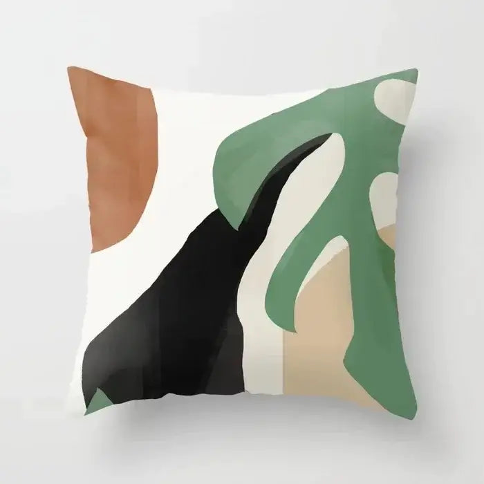 Abstract botanical earthy decorative pillowcase with bold green leaf design in black tan and cream by decorbites decorative pillowcase